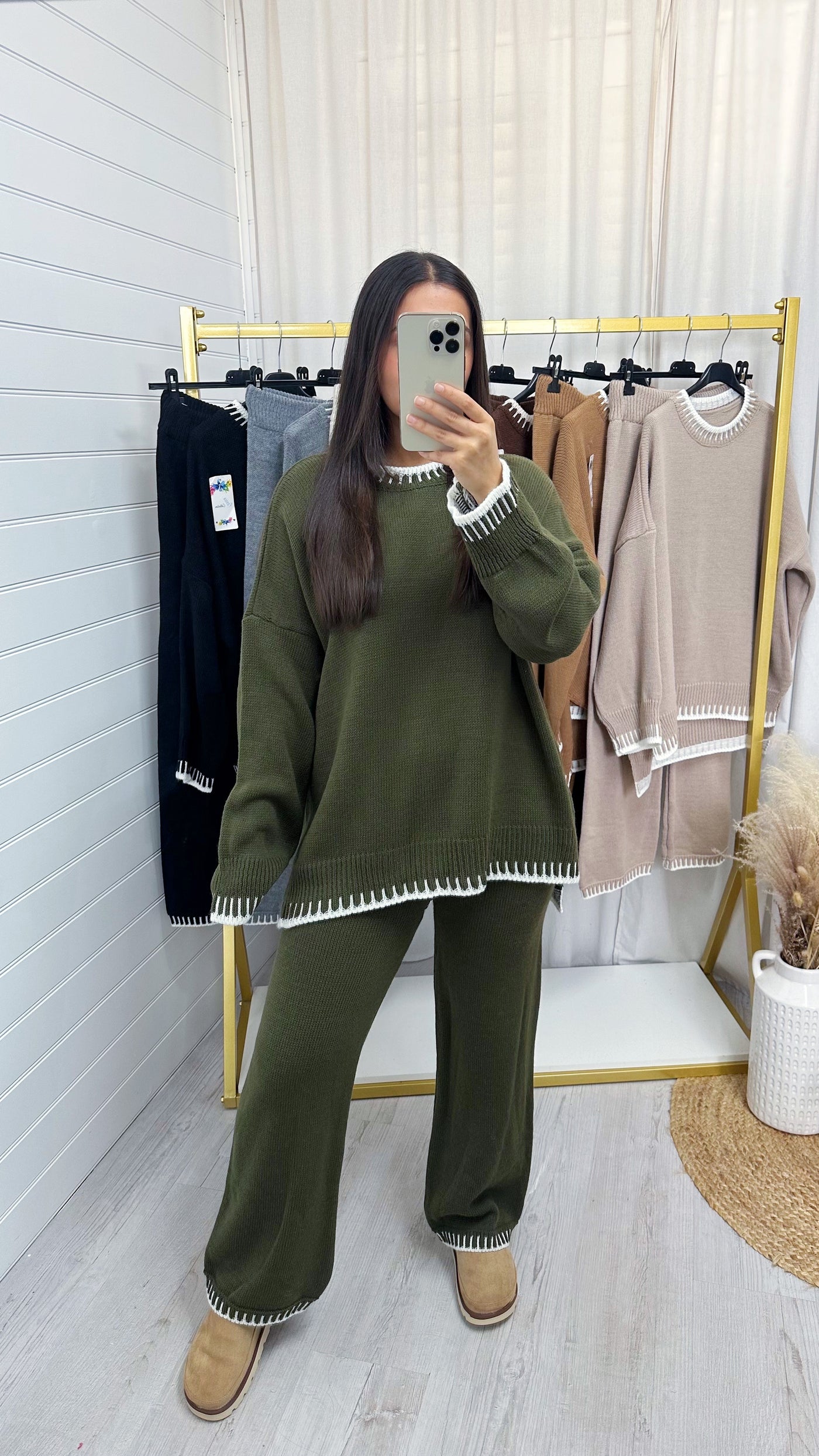 Blanket Stitch Knitted Co-Ord - KHAKI