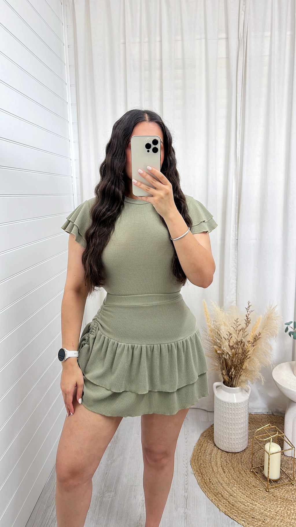 Frill Sleeve Top and Frill Ruched Skirt Co-Ord - KHAKI