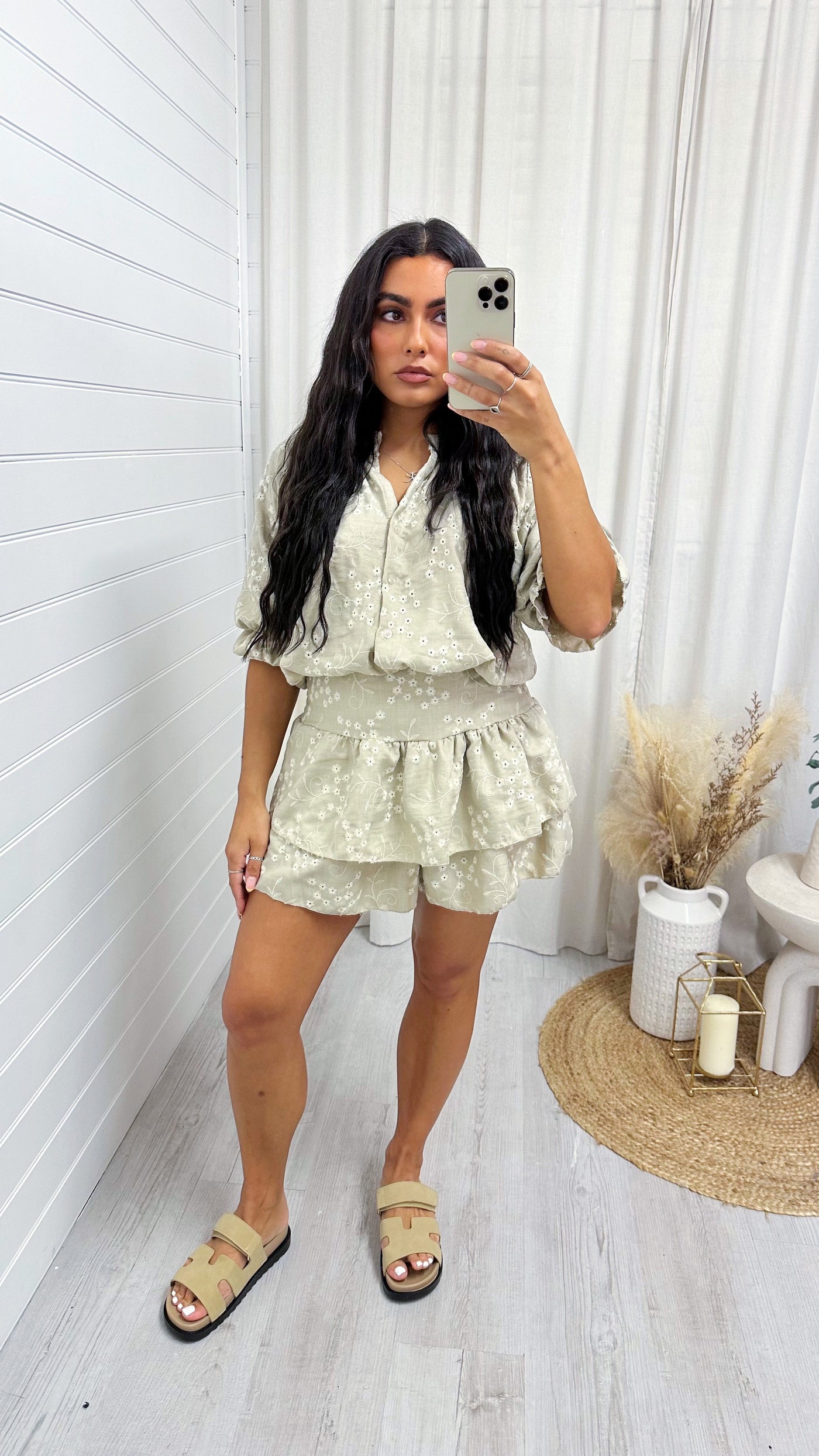Floral Embroidered Frill Hem Playsuit - BEIGE