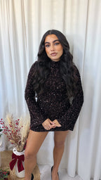 Velvet Sequin Bell Sleeve Dress - BROWN