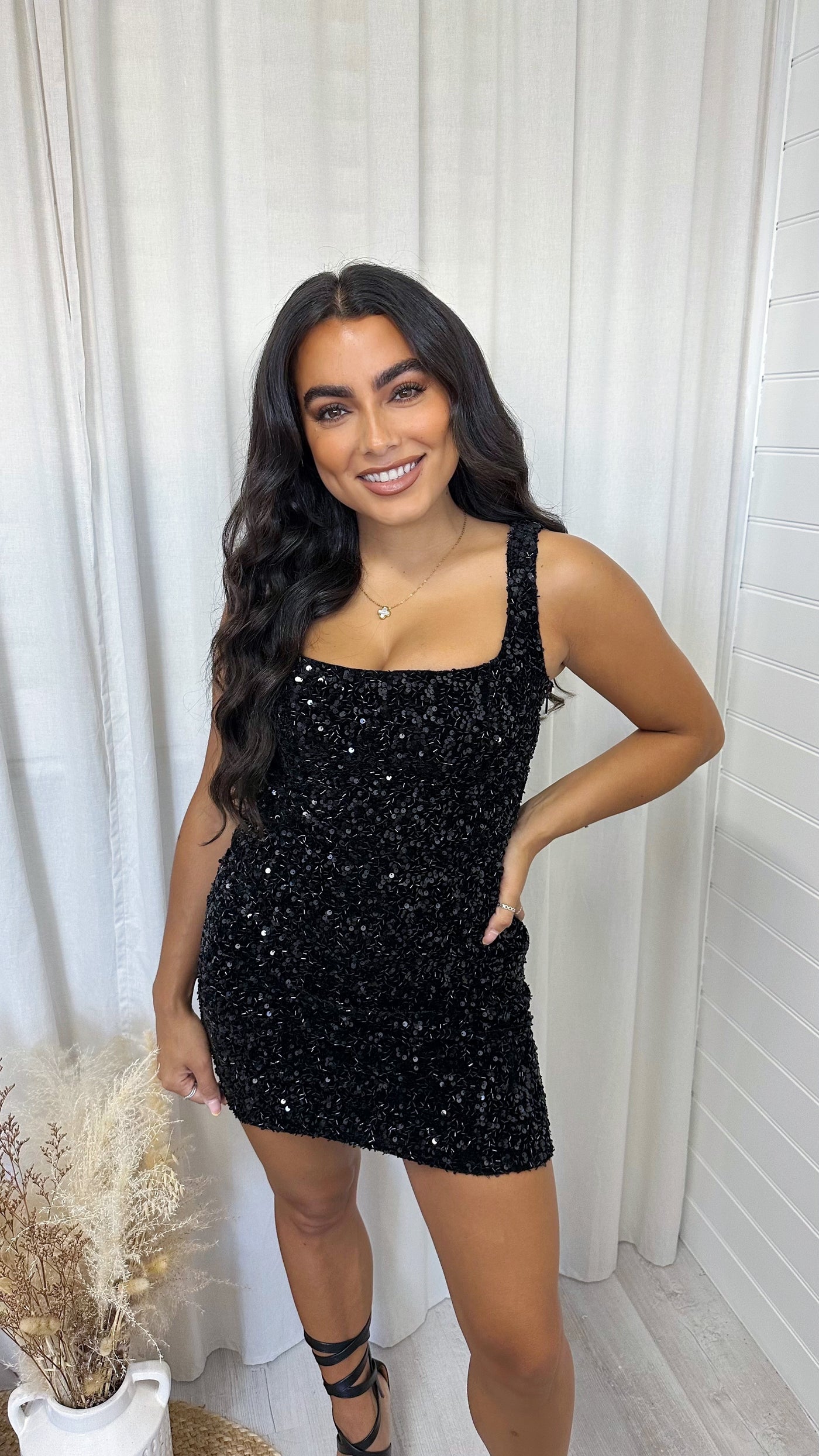 Lace Back Velvet Sequin Square Neck Dress - BLACK