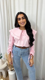 Frill Collar Ruched Sleeve Shirt - PINK