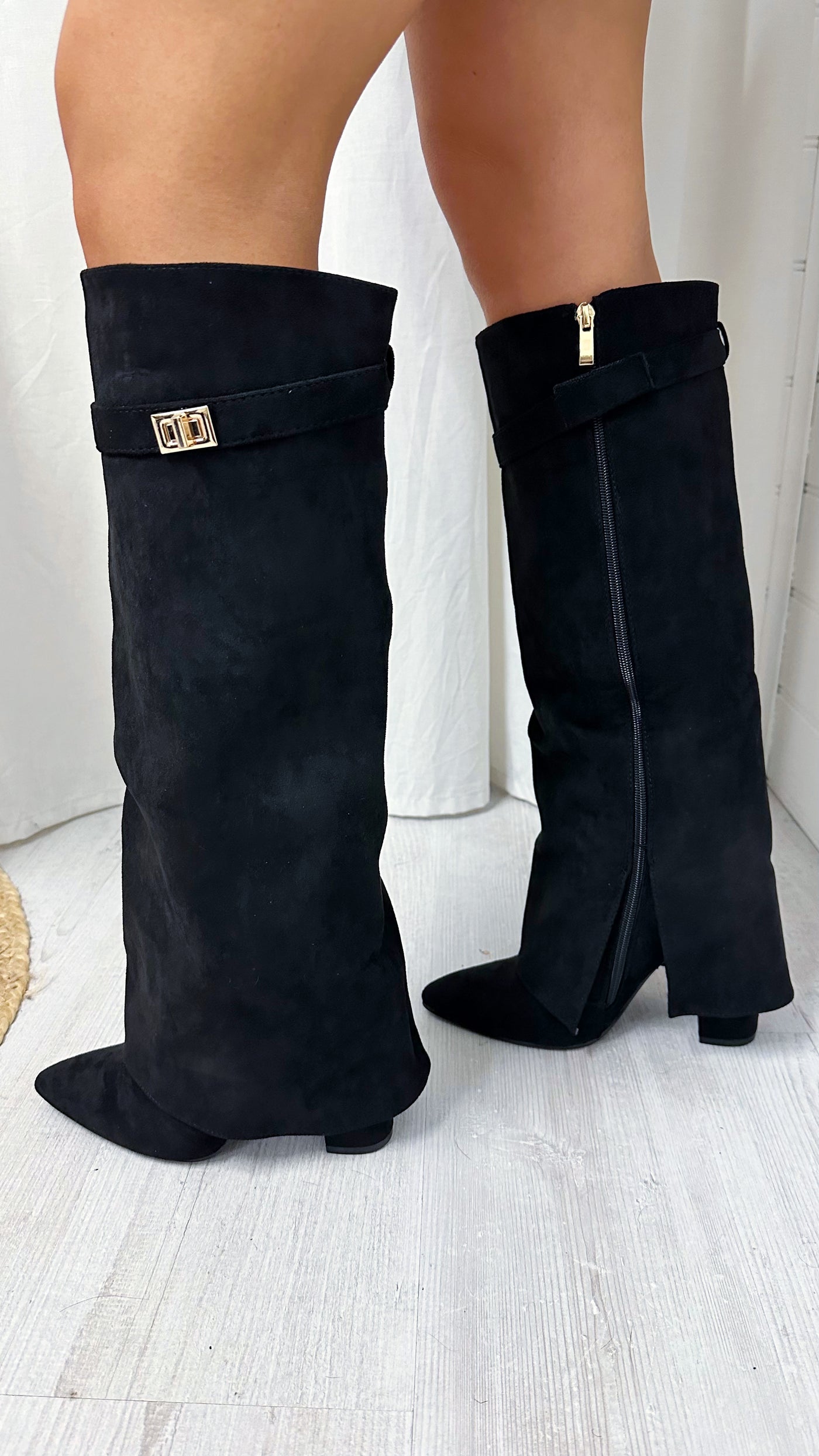 Suede Knee High Fold Over Boots - BLACK