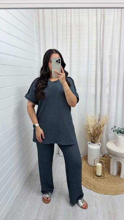 Cheesecloth Gold Button T-Shirt and Trousers Co-Ord - CHARCOAL