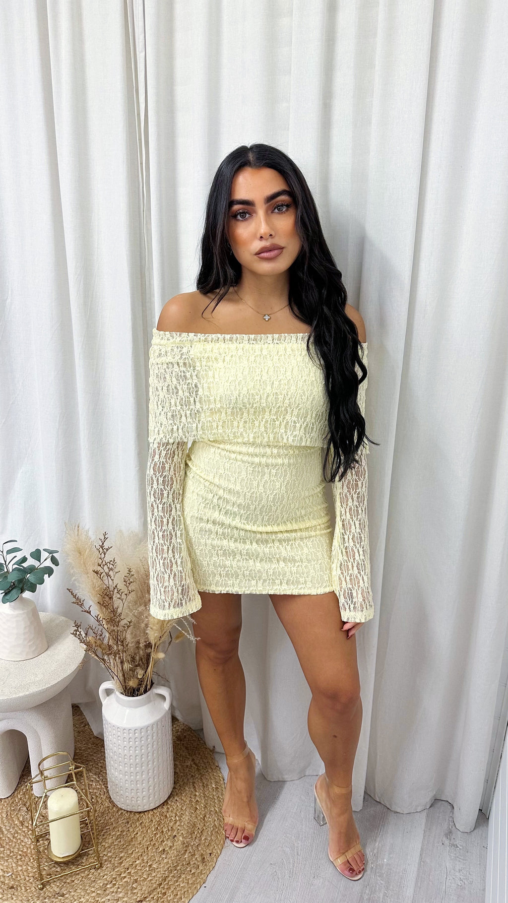 Lace Bardot Mini Dress - YELLOW
