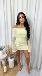 Lace Bardot Mini Dress - YELLOW