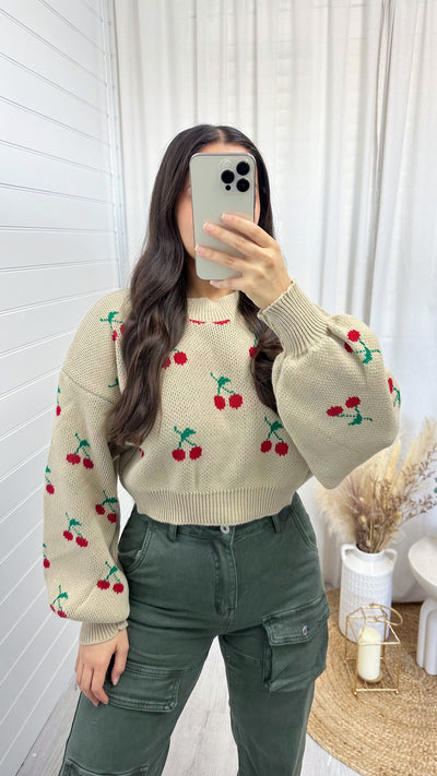 Cropped Knit Cherries Jumper - BEIGE