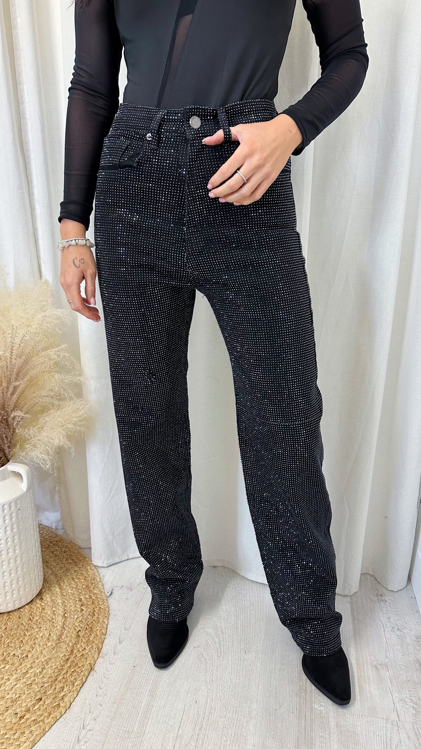 Rhinestone Embellished Denim Jeans - BLACK