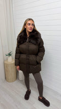 Luxe Faux Fur Collar Puffer Coat - BROWN