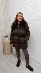 Luxe Faux Fur Collar Puffer Coat - BROWN