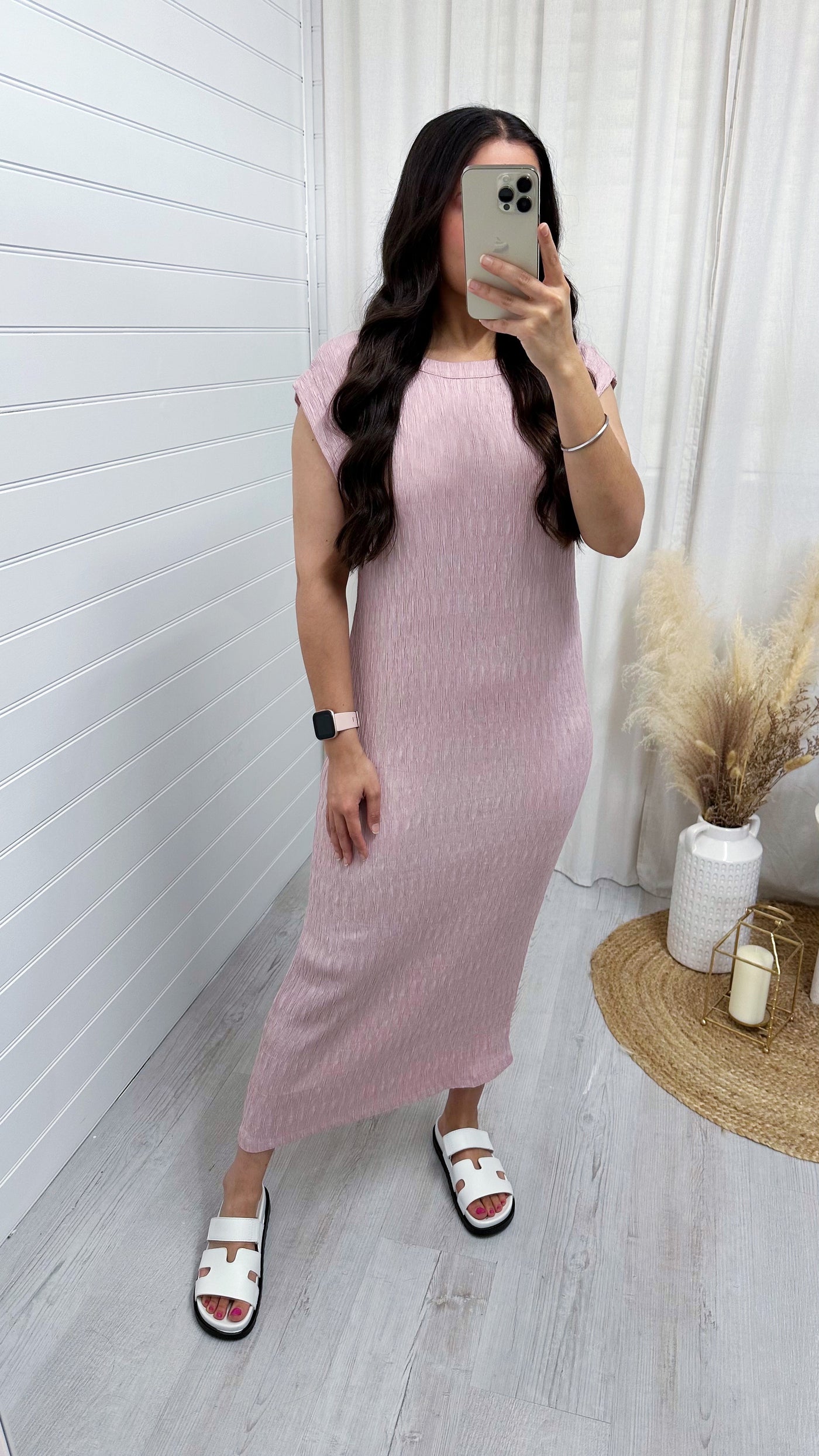 Plain Crinkle Midi Dress - DUSTY PINK