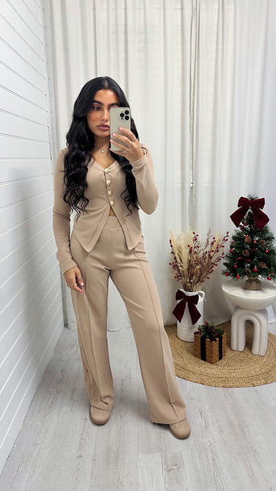 Gold Button Cardigan and Straight Trousers Co-Ord - BEIGE