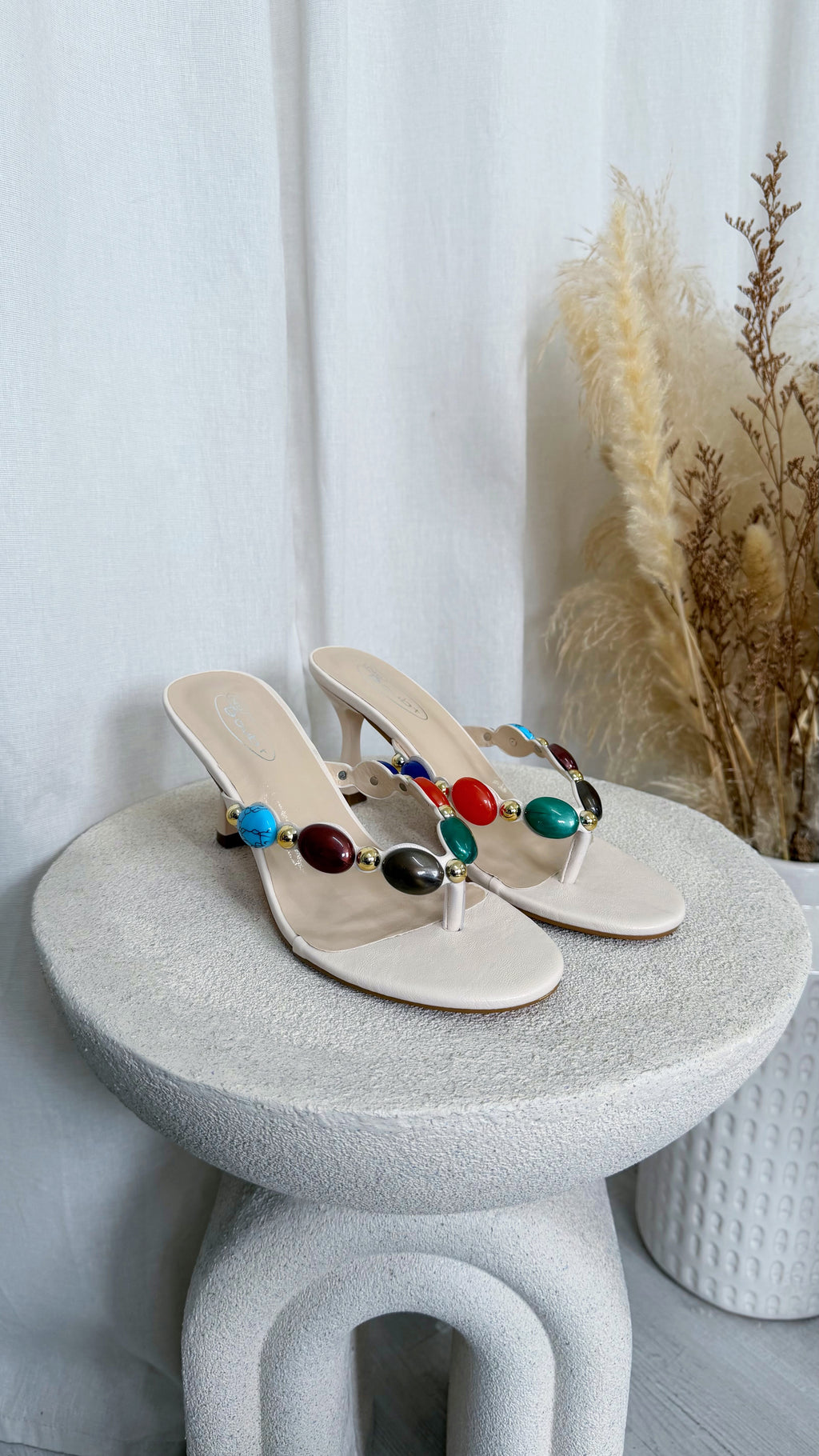 Gem Stone Heeled Sandals - CREAM