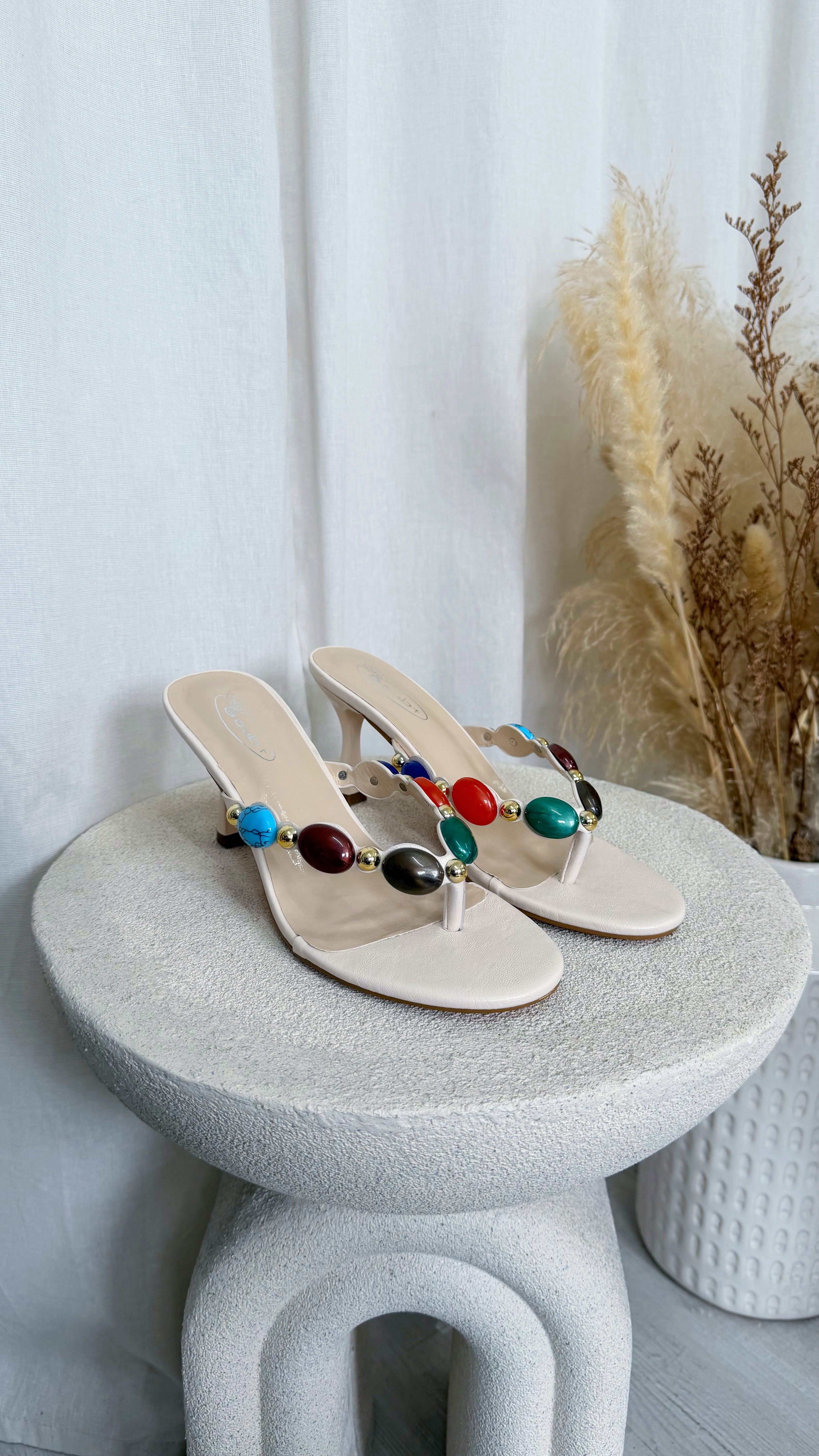 Gem Stone Heeled Sandals - CREAM