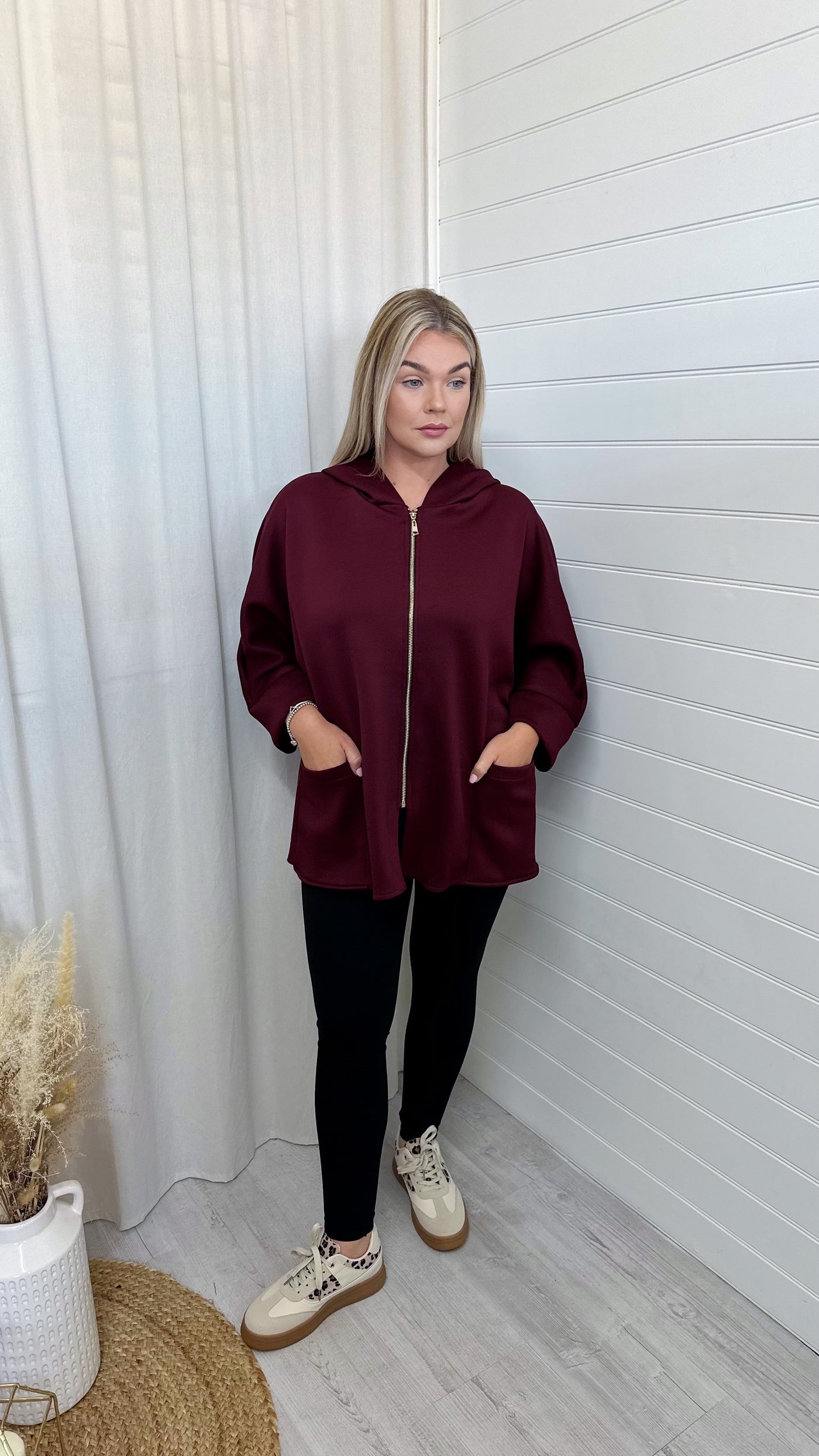 Textured Lightweight Hooded Jacket - WINE