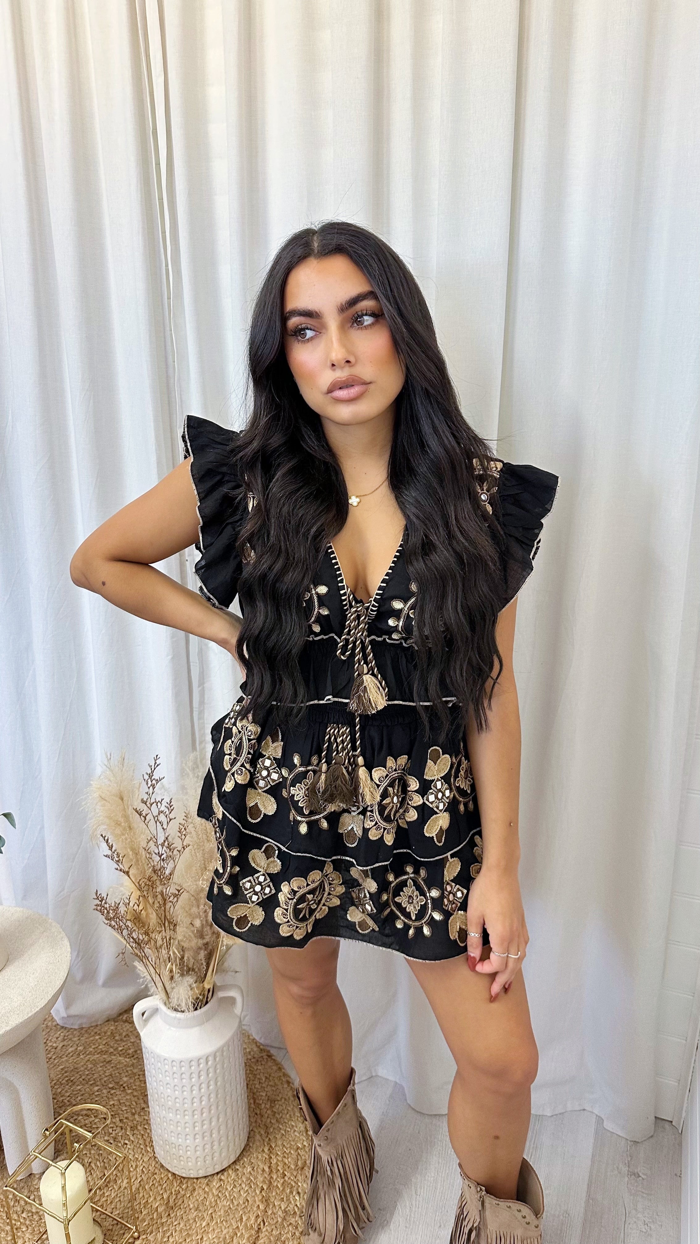 Boho Embroidered Top and Skirt Co-Ord - BLACK