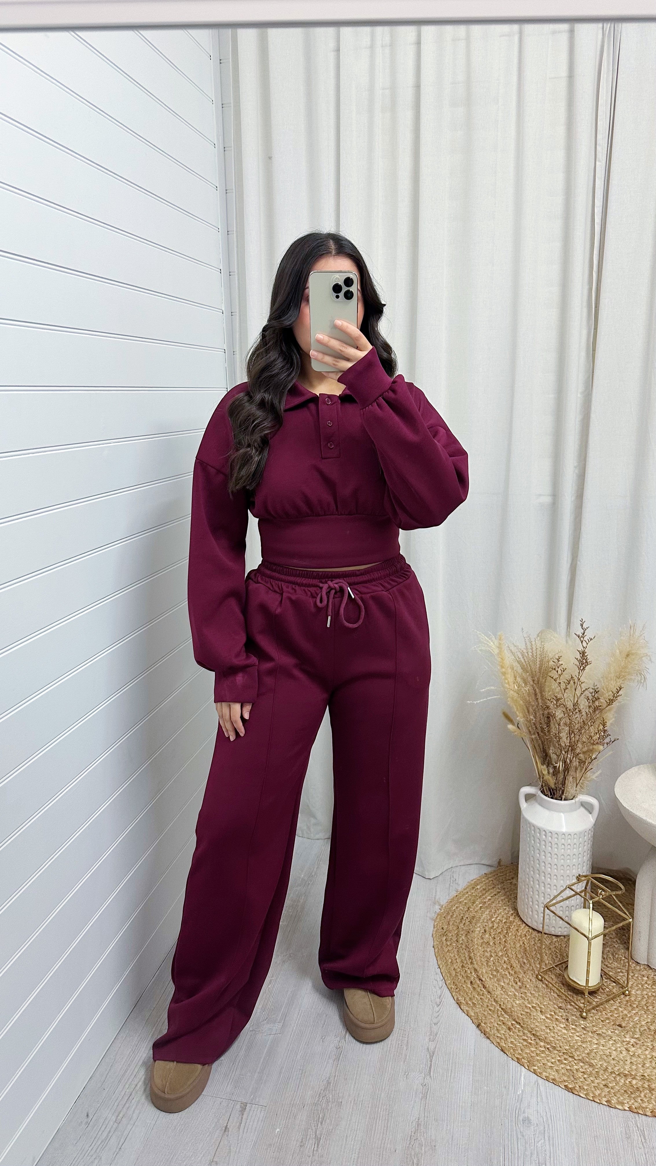 Cropped Shirt and Joggers Tracksuit - WINE