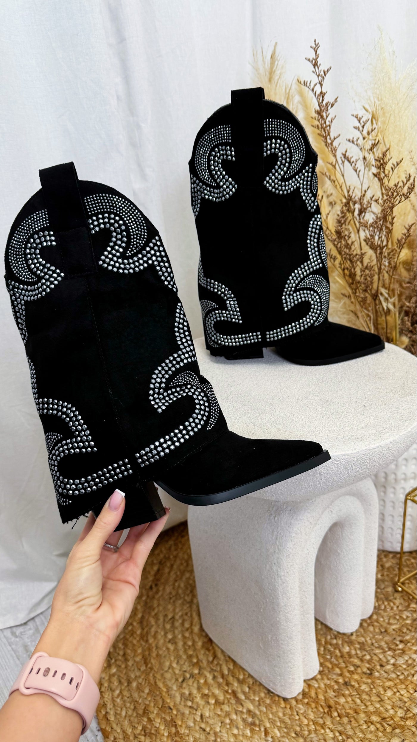 Fold Over Stud Cowboy Boots - BLACK