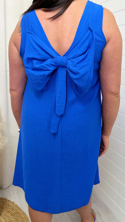 Linen Bow Back Summer Dress - BLUE