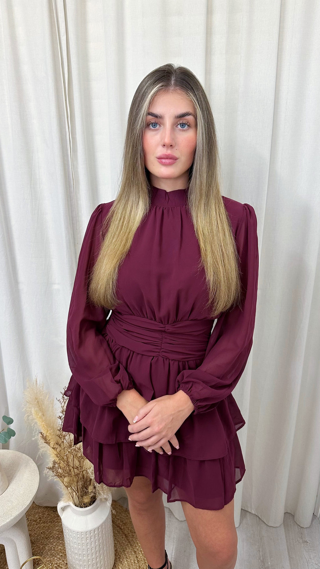 Cinched Waist Chiffon Frill Tiered Dress - WINE