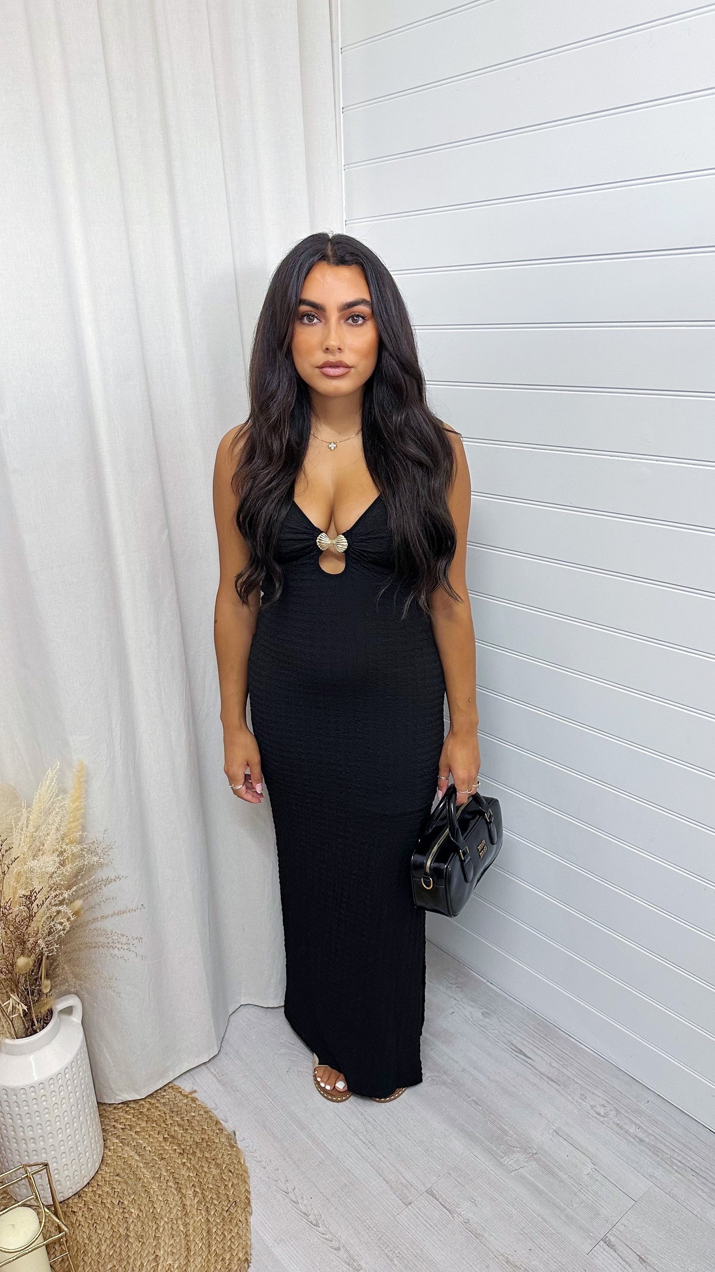 Seashell Buckle Plunge Maxi Dress - BLACK