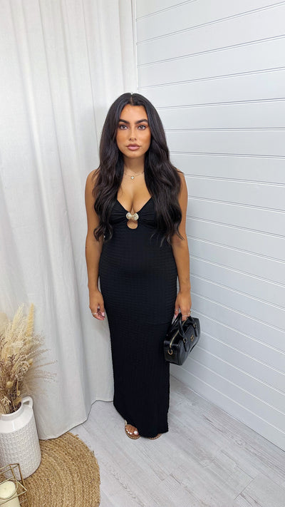 Seashell Buckle Plunge Maxi Dress - BLACK