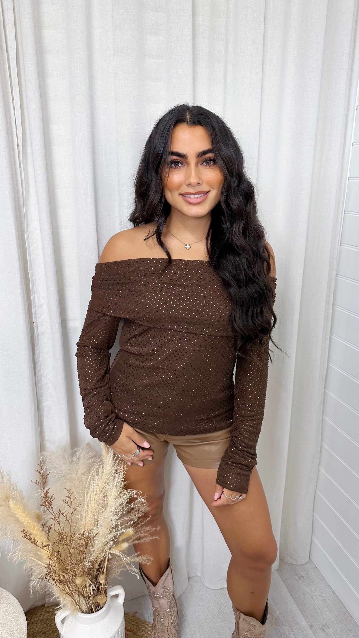 Folded Bardot Rhinestone Embellished Top - BROWN