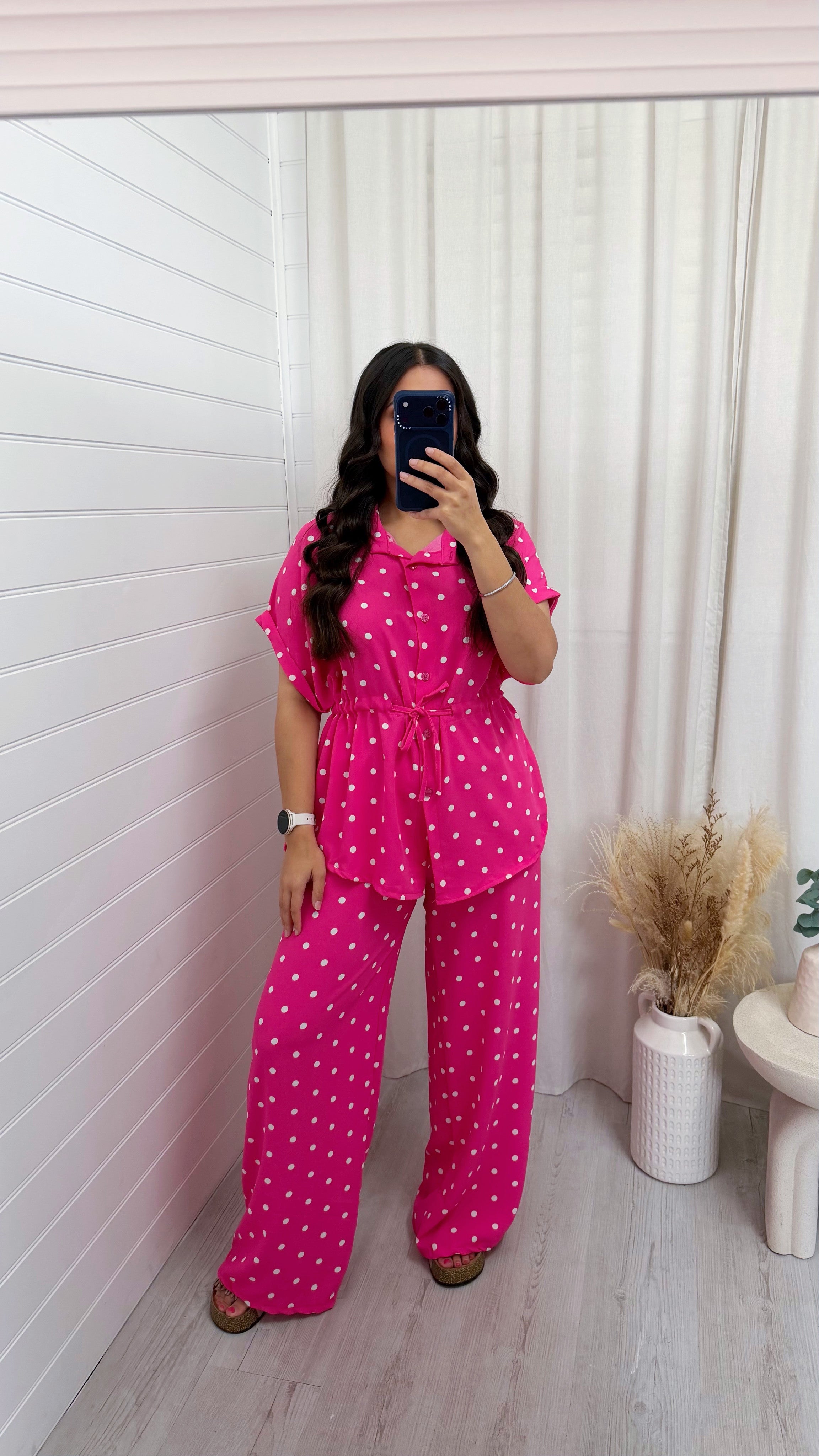Polka Dot Cinched Shirt and Trousers Co-Ord - HOT PINK