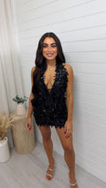 Cowl Neck Sequin Top and Skirt Set - BLACK