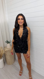Cowl Neck Sequin Top and Skirt Set - BLACK