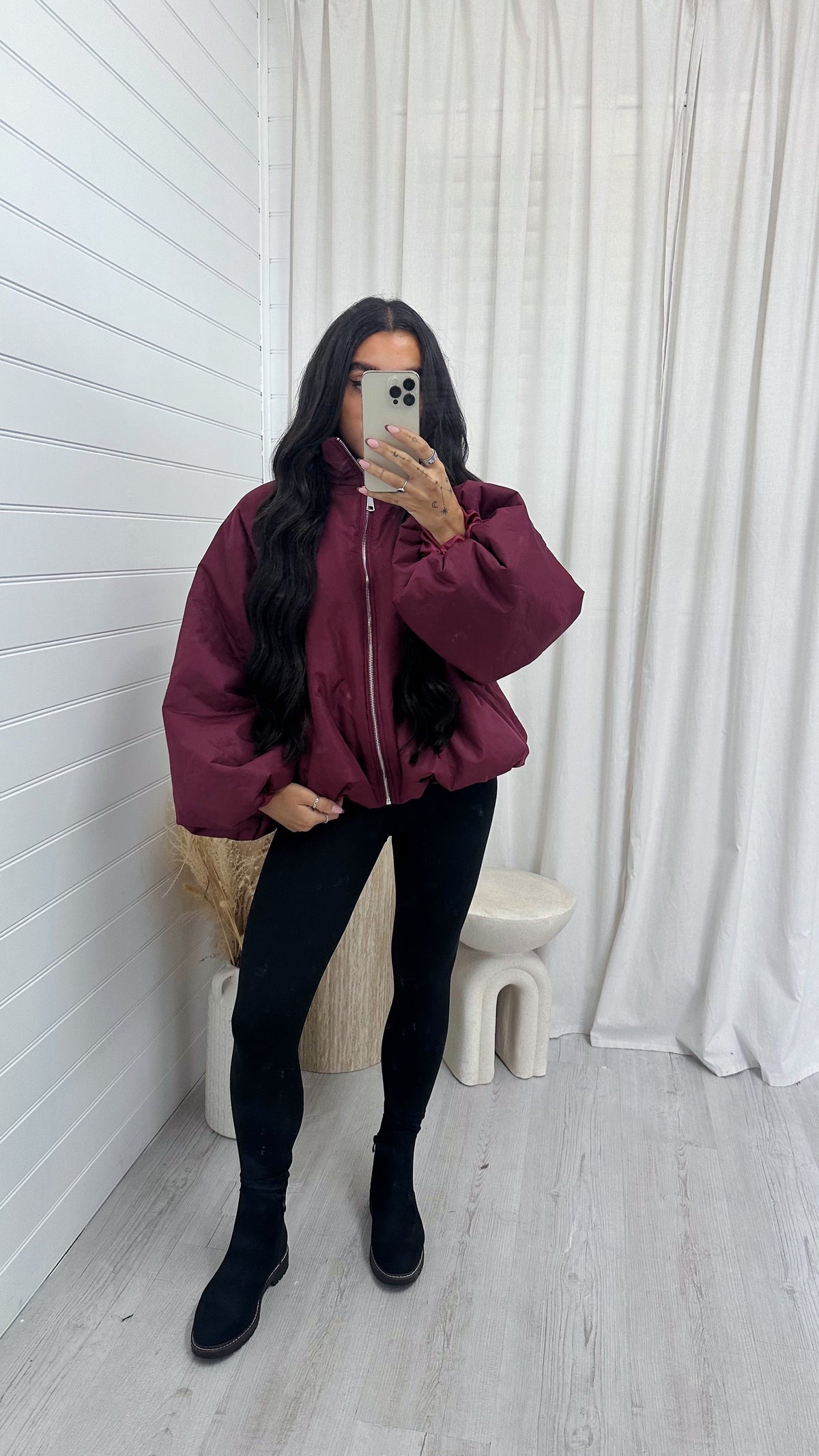 Balloon Sleeve Puffer Jacket - BURGUNDY