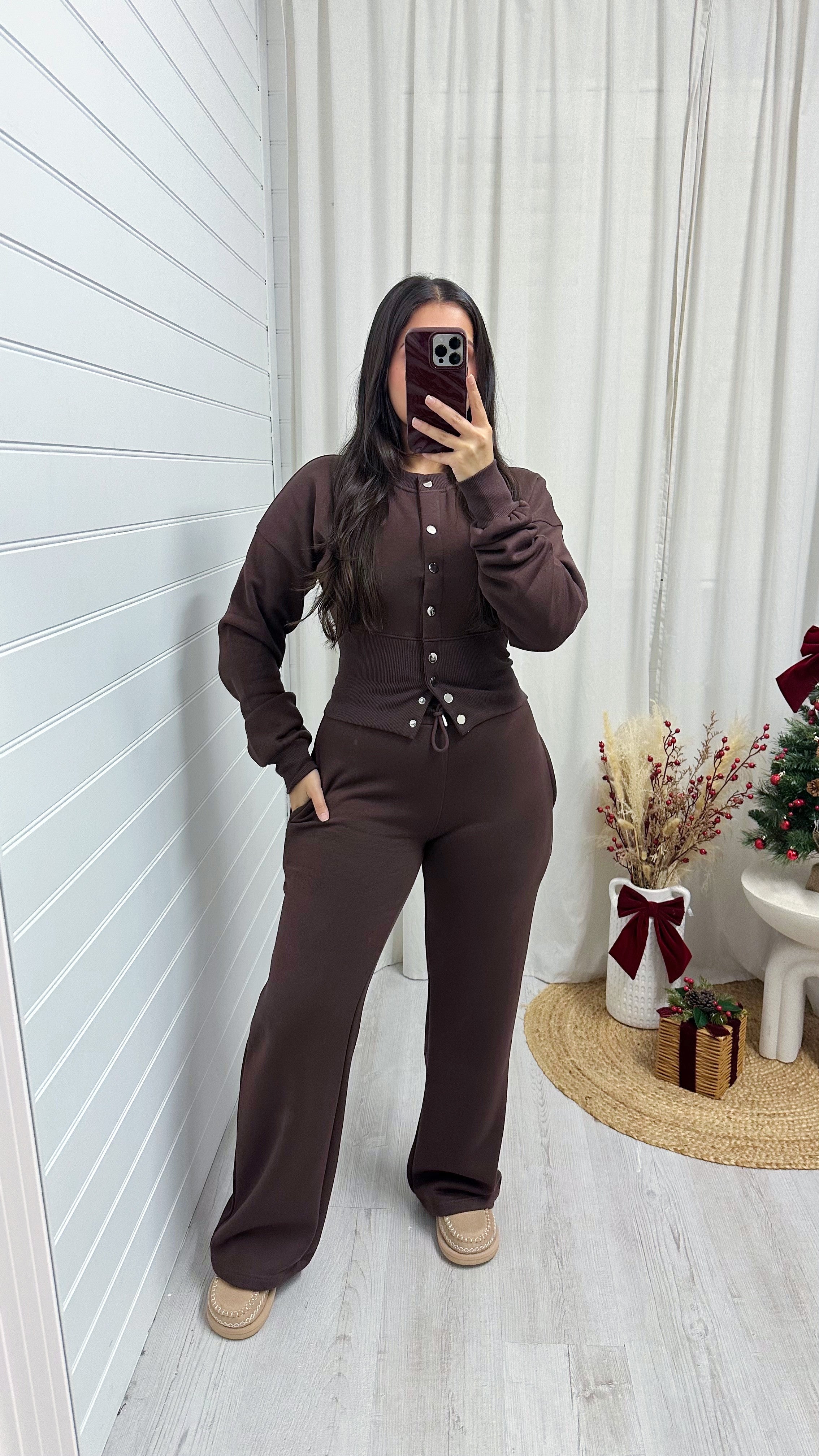 Cinched Waist Jacket and Joggers Tracksuit - BROWN