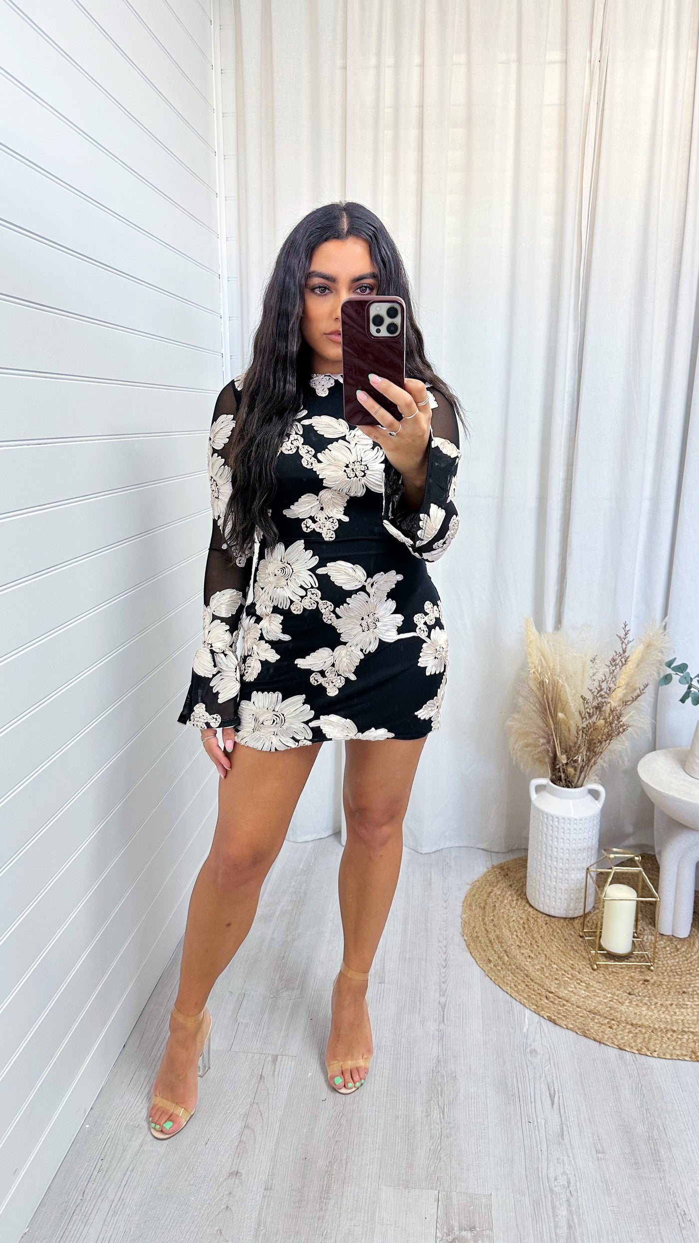 Floral Bell Sleeve Mesh Dress - BLACK