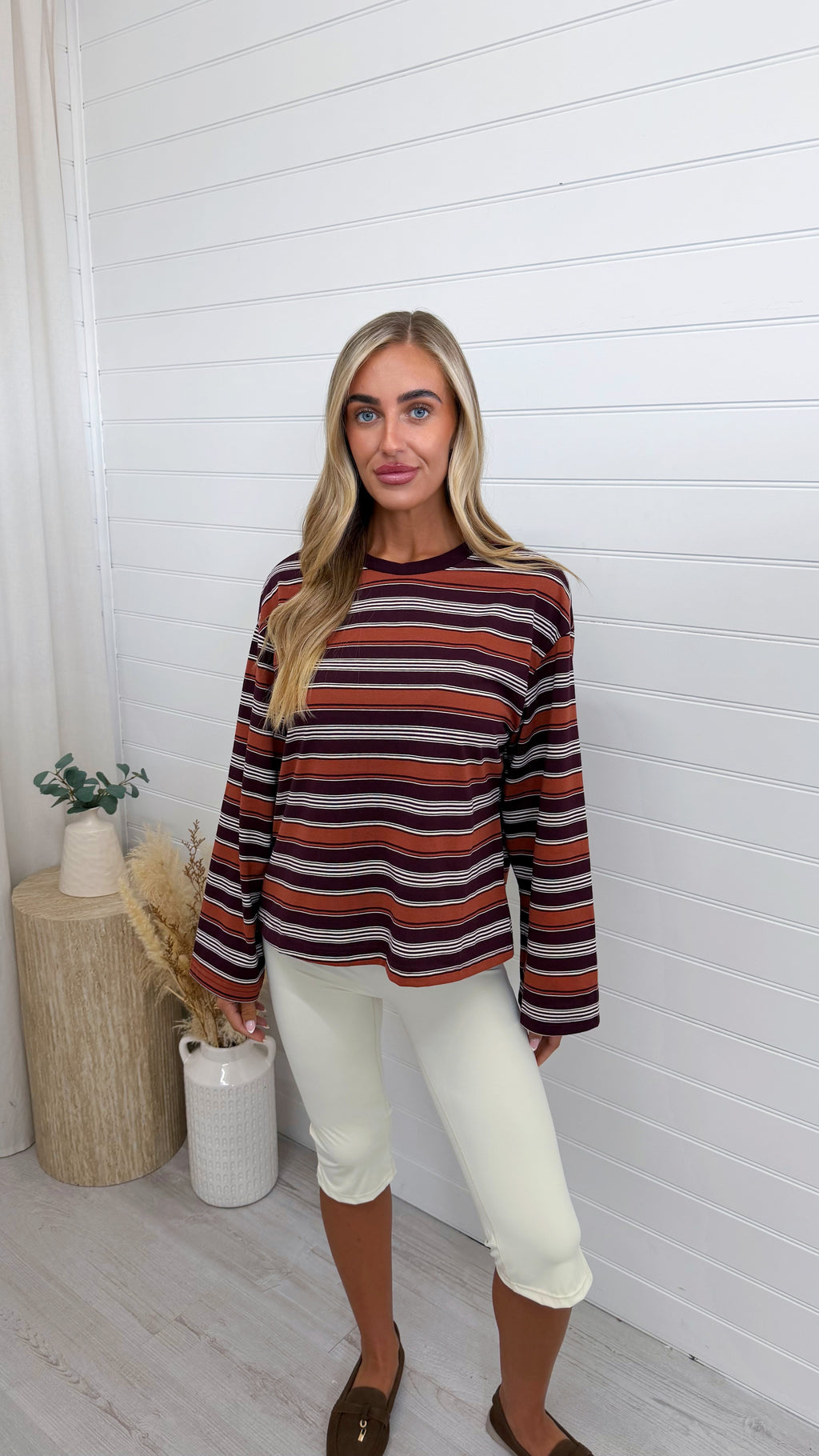 Relaxed Long Sleeve Stripe T-Shirt - BURNT ORANGE/BURGUNDY
