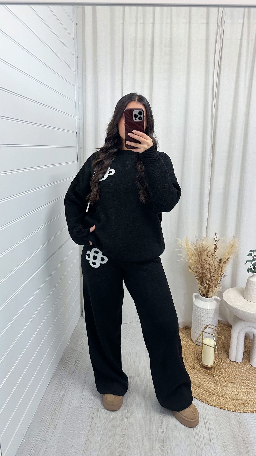 Knitted Logo Sweatshirt and Wide Leg Trousers Co-Ord - BLACK