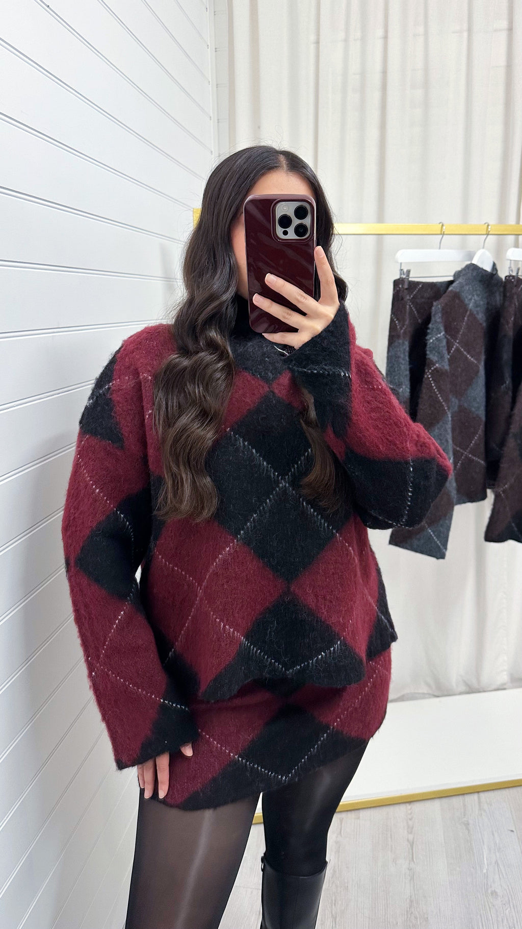 Argyle Woollen Jumper and Skirt Co-Ord - WINE