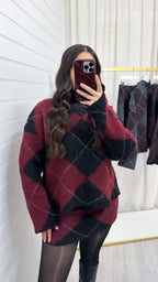 Argyle Woollen Jumper and Skirt Co-Ord - WINE