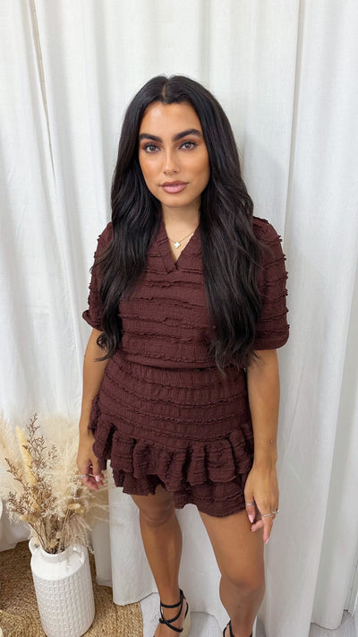 Frill Layered V Neck Top and Skort Co-Ord - BROWN