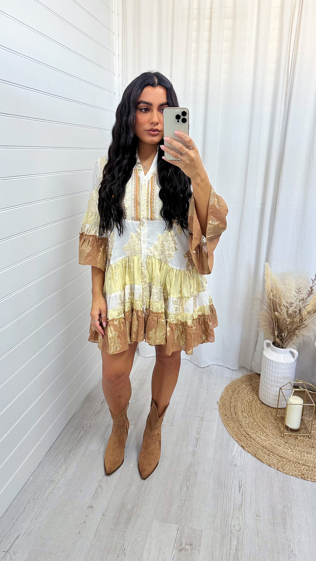 Foil Leaf Beaded Boho Smock Dress - TAN