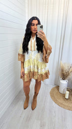 Foil Leaf Beaded Boho Smock Dress - TAN