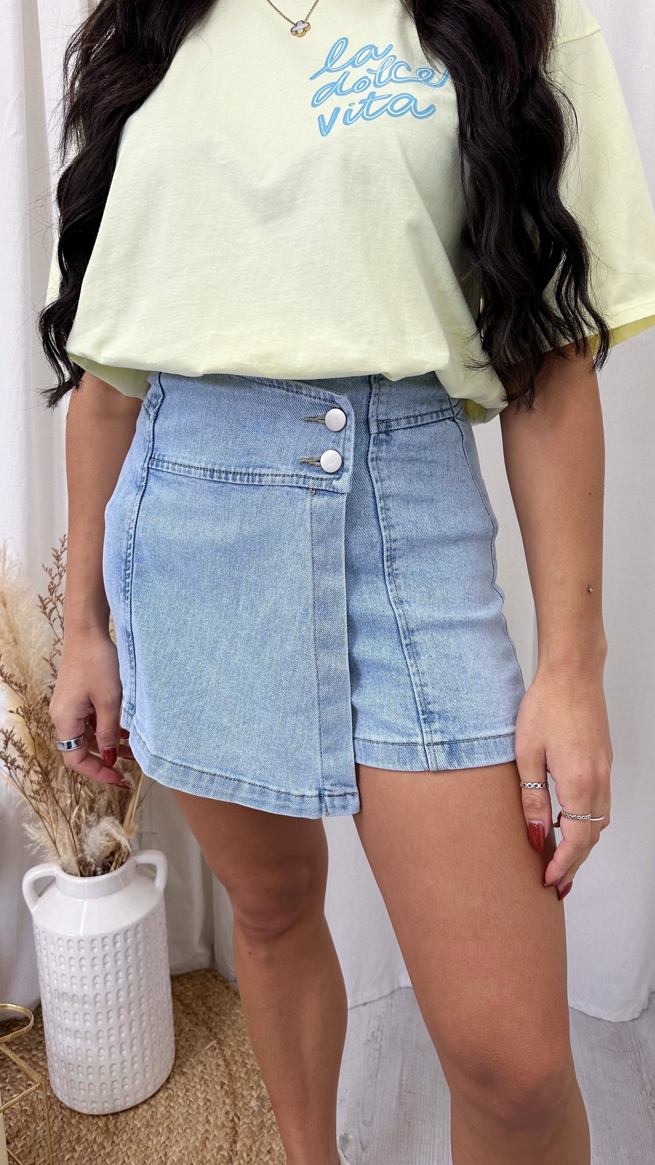 Wrap Over High Waisted Denim Skort - LIGHT BLUE