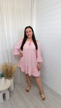Bardot Pinstripe Summer Dress - BABY PINK