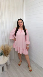 Bardot Pinstripe Summer Dress - BABY PINK