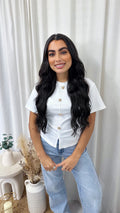 Soft Ribbed Gold Button Cinched T-Shirt - WHITE