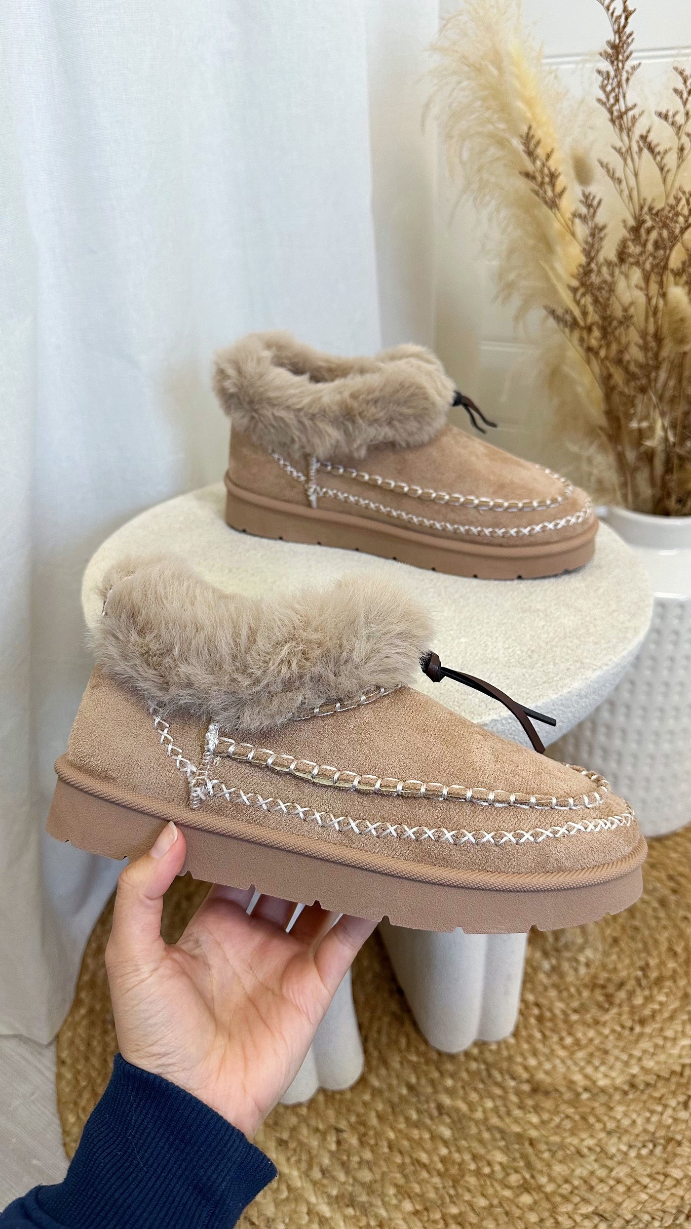 Embroidered Faux Fur Boots - BEIGE