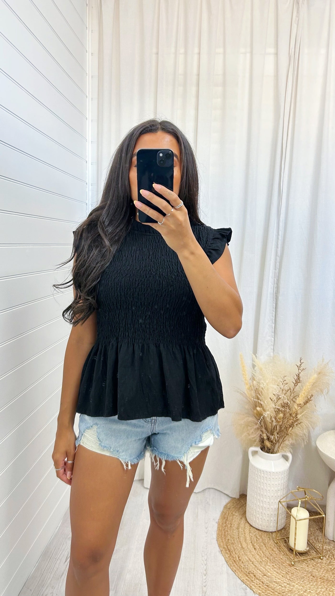 Shirred Peplum Vest Top - BLACK