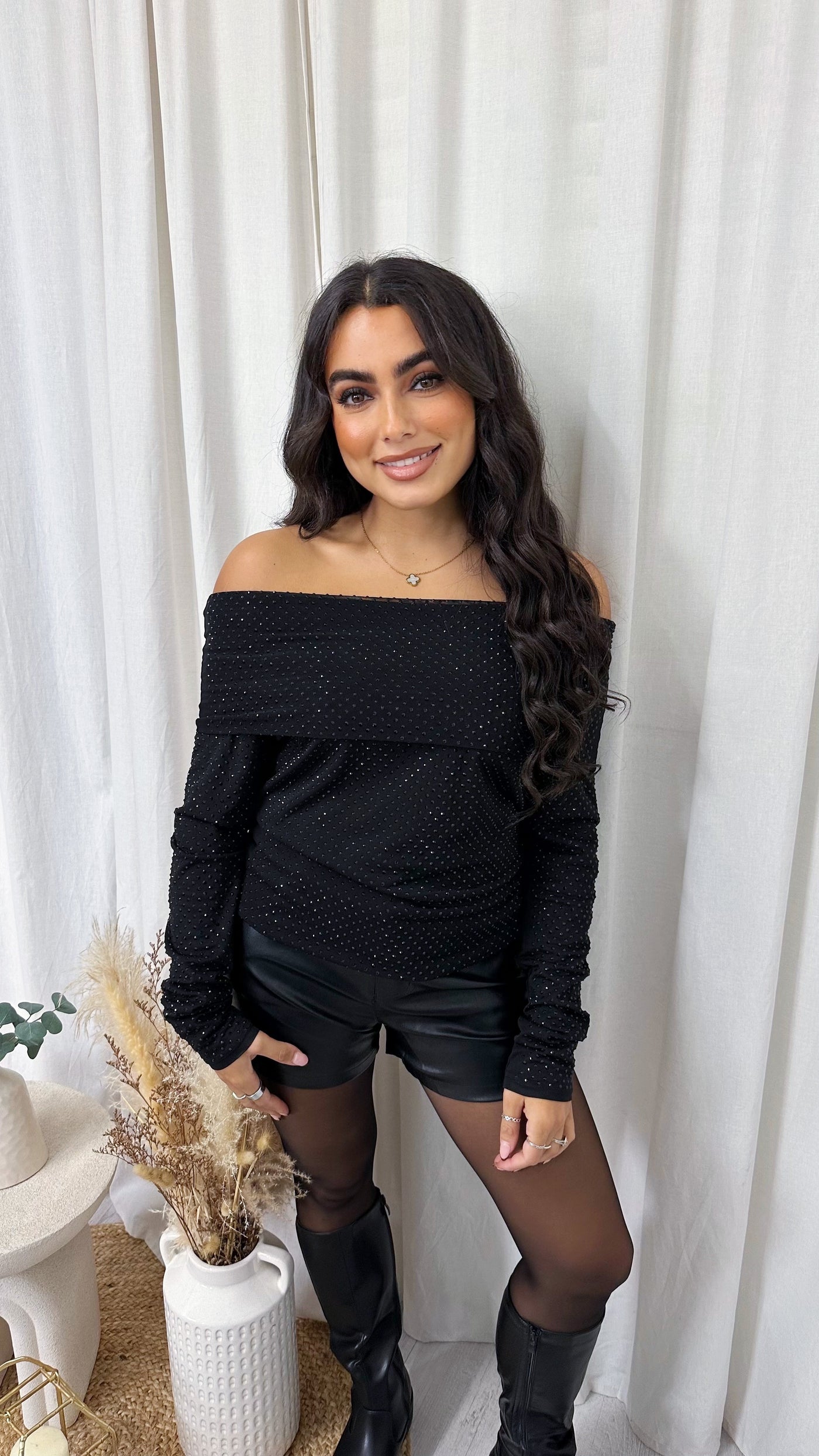 Folded Bardot Rhinestone Embellished Top - BLACK
