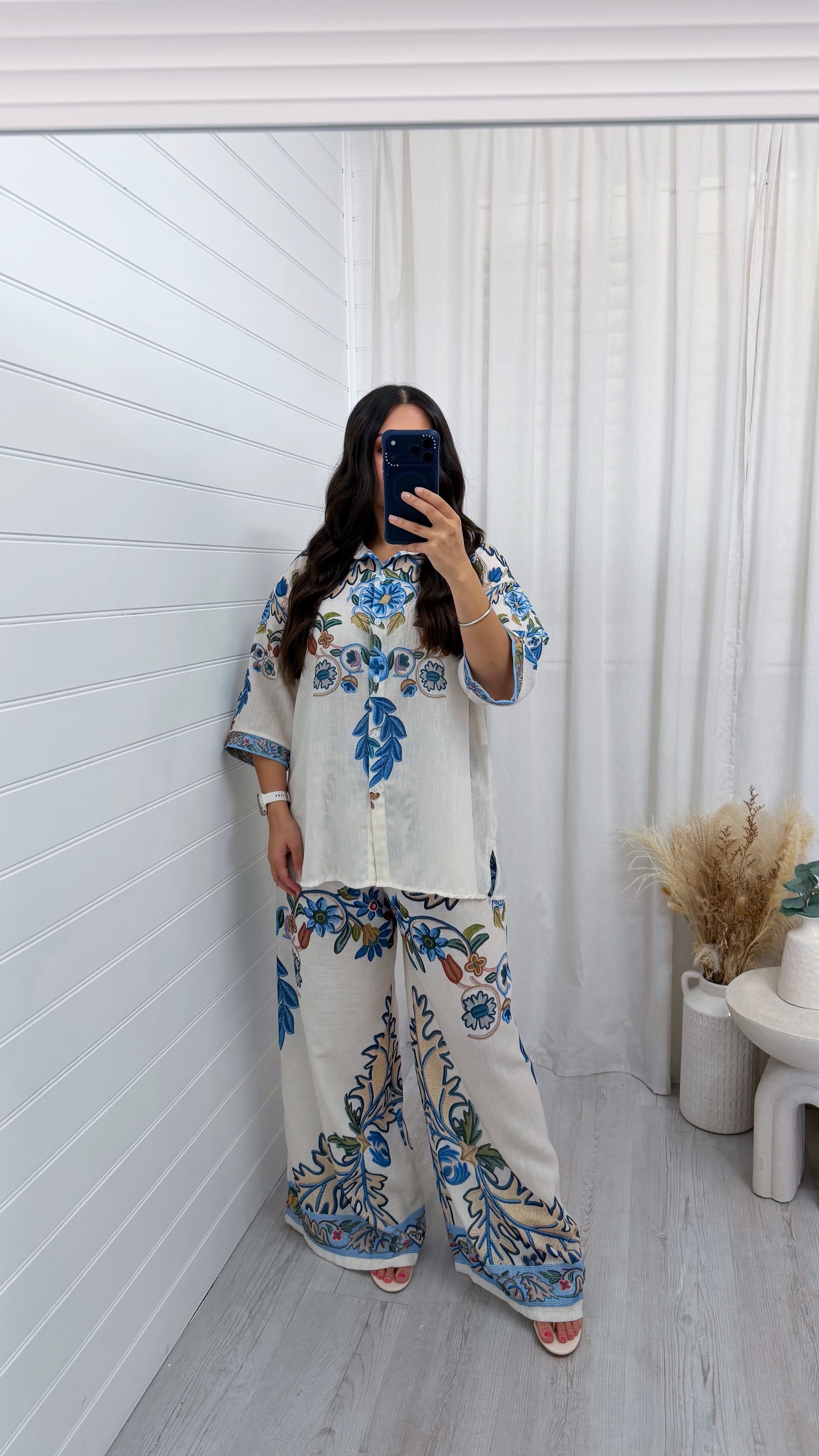 Linen Floral Print Shirt and Wide Leg Trousers Co-Ord - BLUE