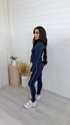 Piped Jacket and Leggings Activewear Set - NAVY