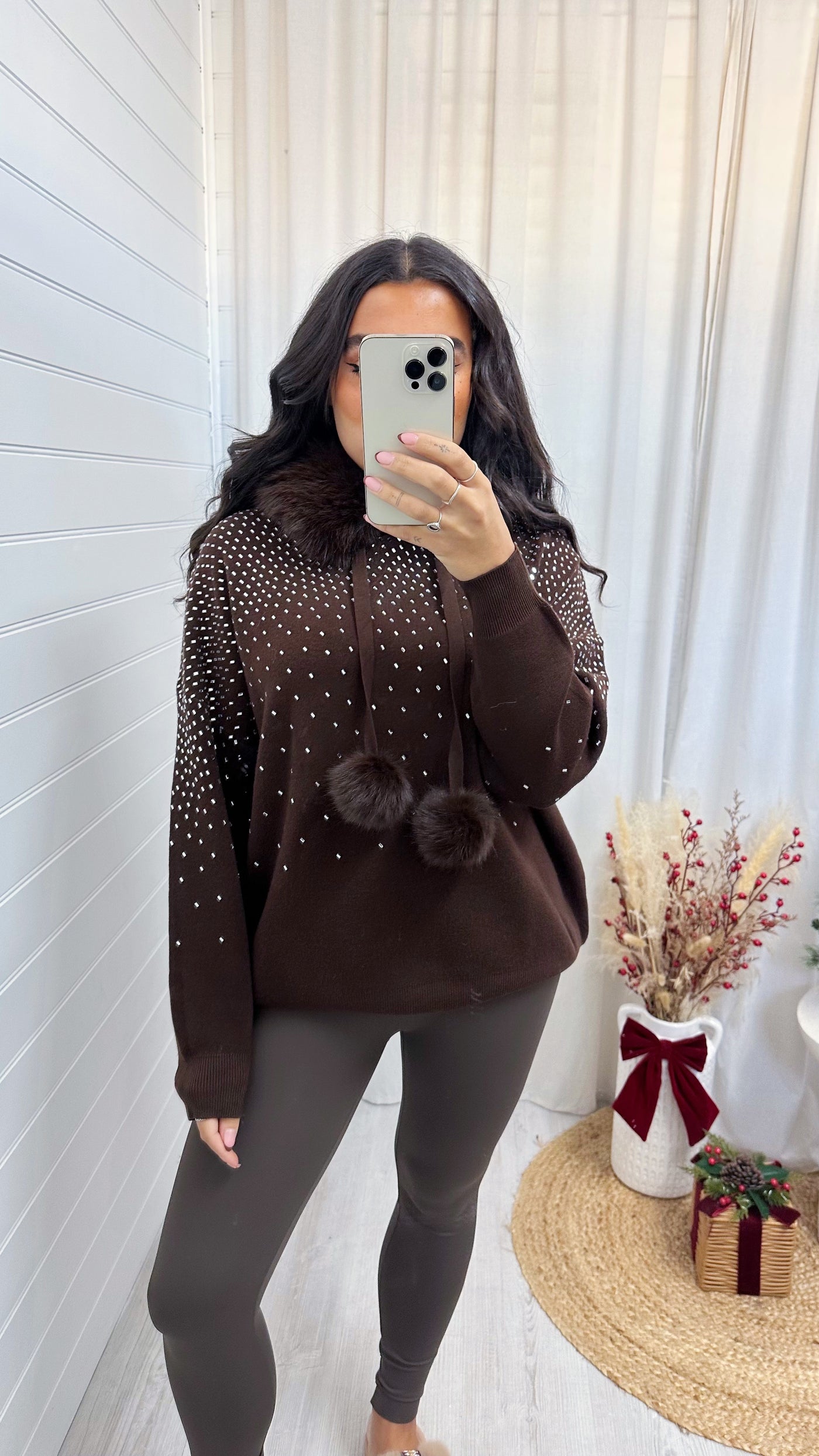 Diamante Fur Hood Knitted Jumper - BROWN